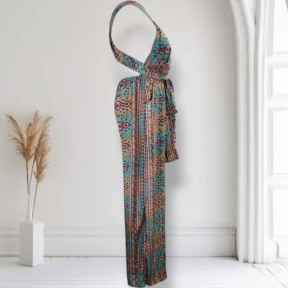 Karma Highway Multi Way Halter Wide Leg Jumpsuit OS  Boho Paisley Viscose - Picture 2 of 16